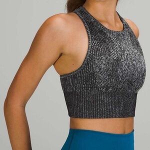 Lululemon Ebb to Train Bra in the Pattern Mixing Black/Rhino Grey color.